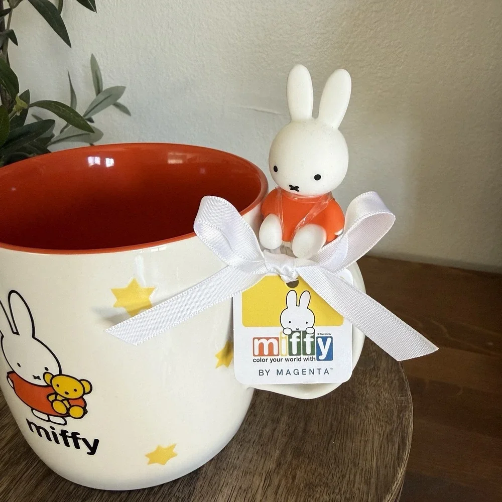 NWT MIFFY Bunny 20 Oz Ceramic Mug By Magenta Orange Dress With Stars Teddy Bear - Picture 2 of 10